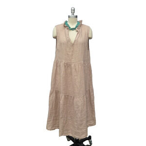 Le Ragazze Linen Midi Dress Size L Taupe Sleeveless Lagenlook Tiered Artist